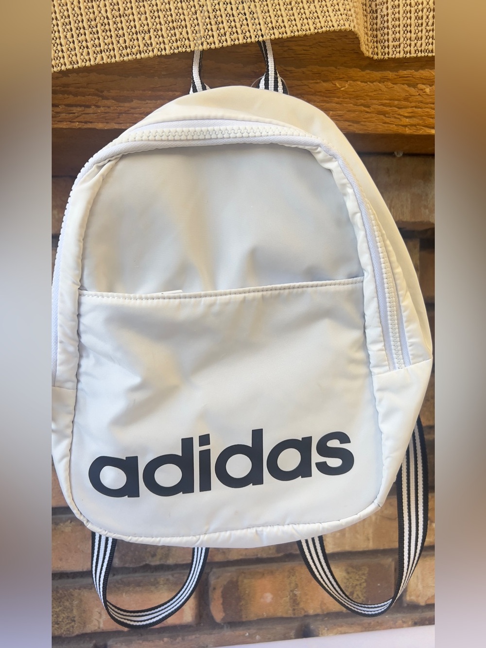 adidas White Mini Backpack with Black Logo and Striped Straps